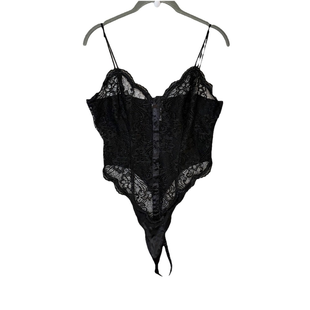 Vintage 90s Cacique Lingerie Black Lace High Thigh Teddy Bodysuit Sheer Goth M